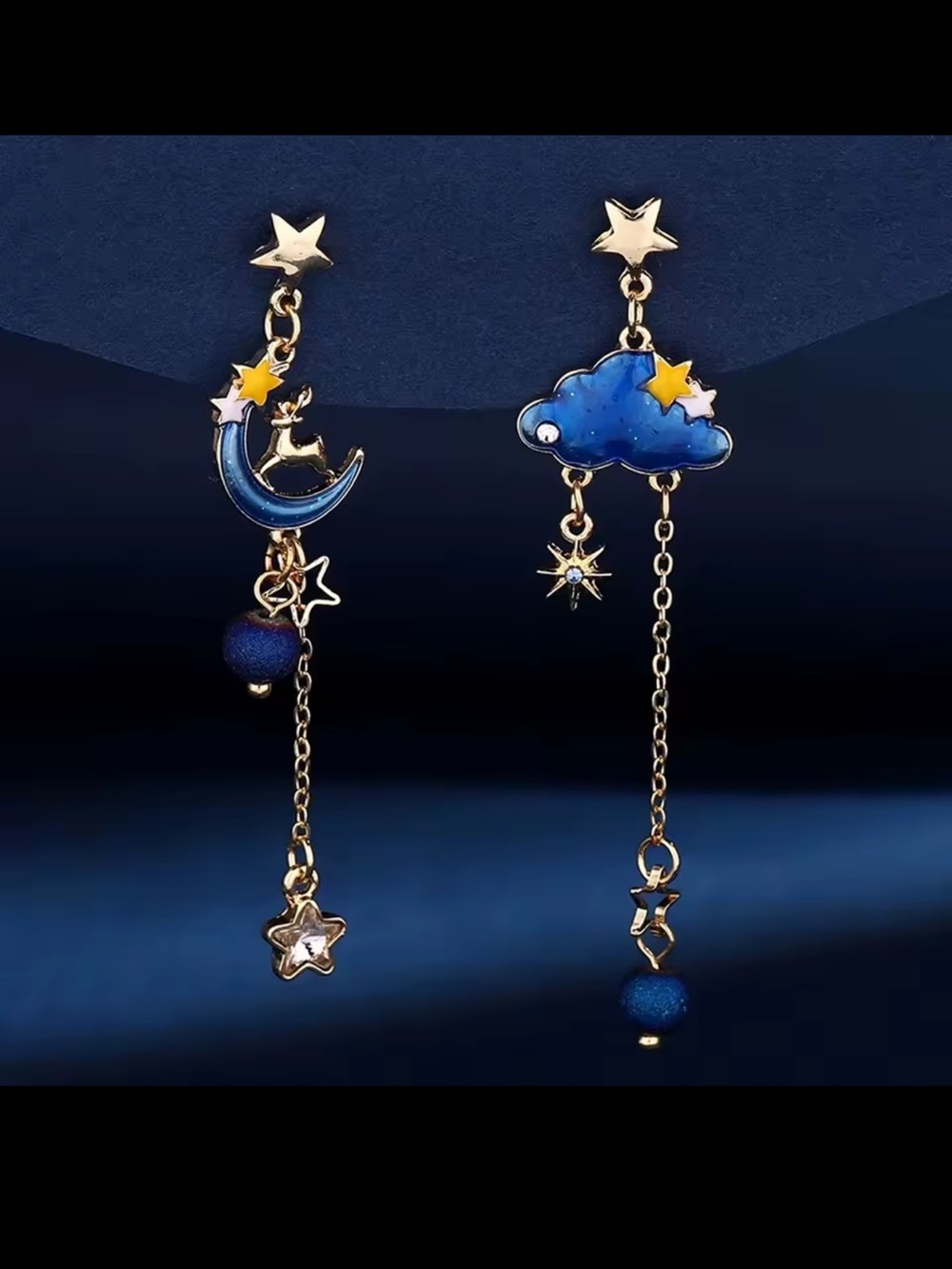 Gold-Tone Blue Cloud and Crescent Moon Drop Earrings